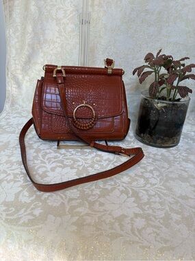 Kate Landry Croc-Embossed Tan/Brown Crossbody with Gold Ring